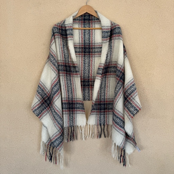 Free Press Nordstrom Reversible w/Fringe Plaid Scarf Cream/Navy/Red - Picture 2 of 6